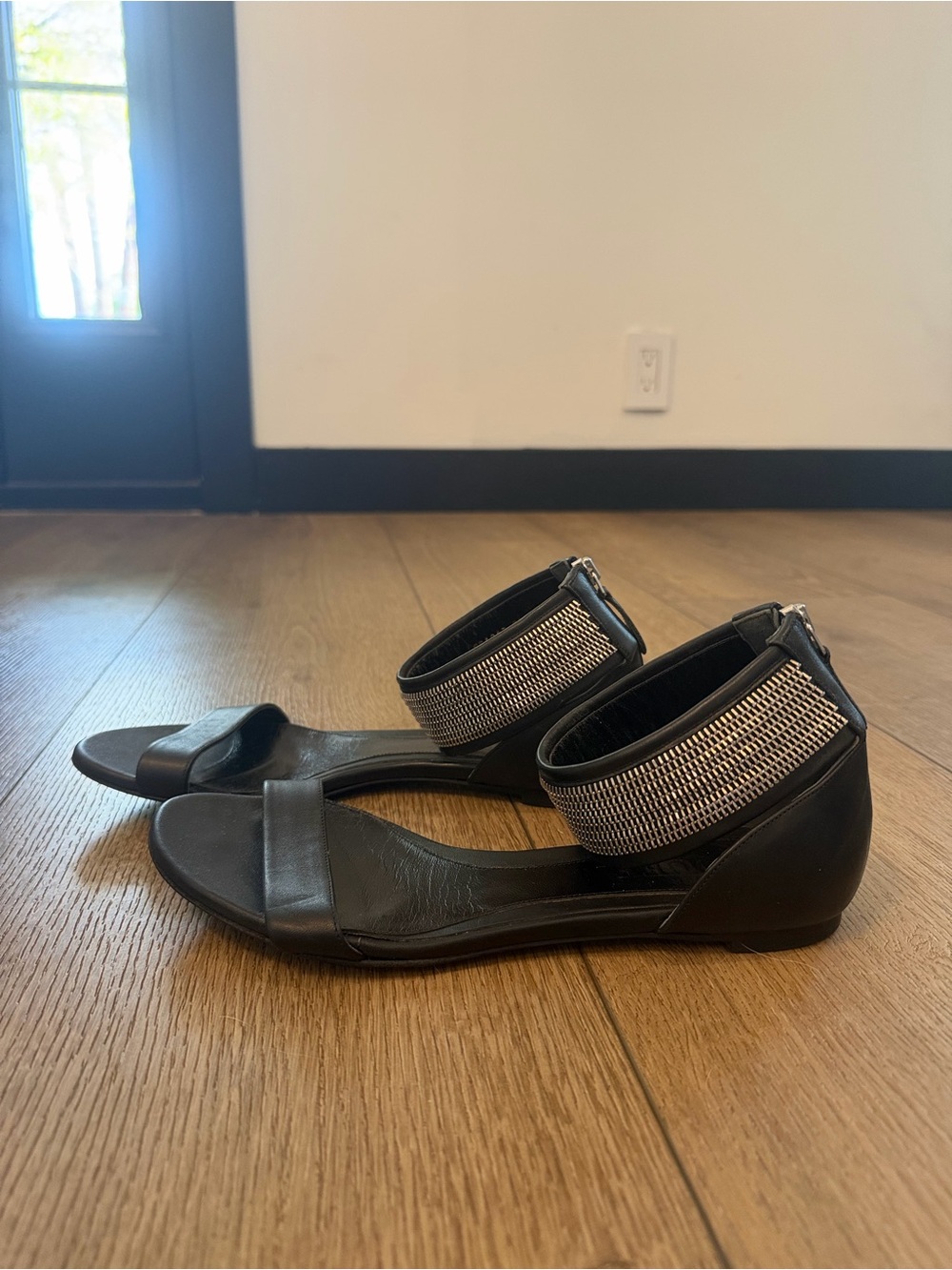 Alexander McQueen Black Leather Silver Metal Zip Sandal Flats